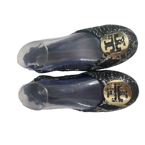 Tory Burch Women's Black Silver Leather Snakeskin Casual Slip On Ballet Flats 9 - Picture 2 of 5